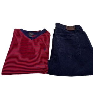 Polo Ralph Lauren Youth Boys Navy Corduroy Pant & Blue & Red Tee Shirt Size 20